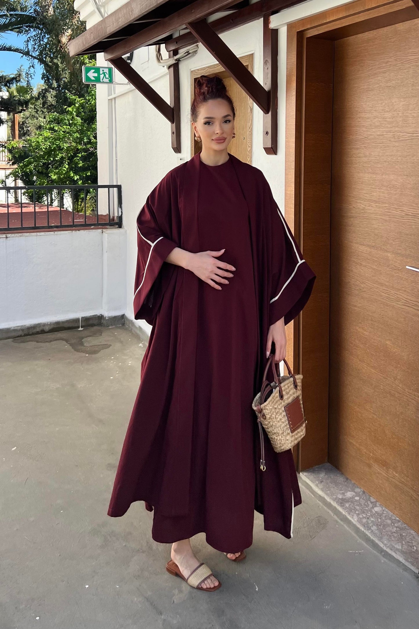 Rose 2 Piece Linen Abaya Set | Open Butterfly Abaya |Red Flower