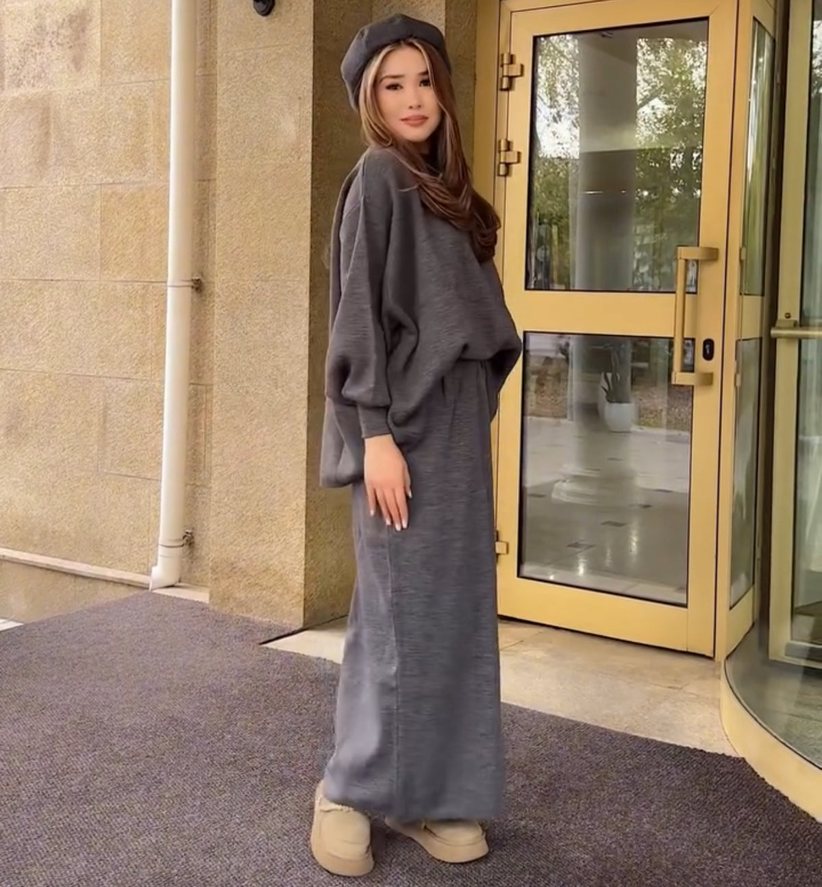 Hazal knitted modest two piece set women | Hijab winter skirt co ord | Dark grey