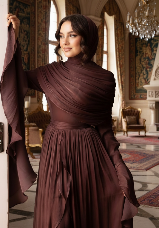 Serene Pleated Modest Occasion-wear Dress | ChestnutBrown
