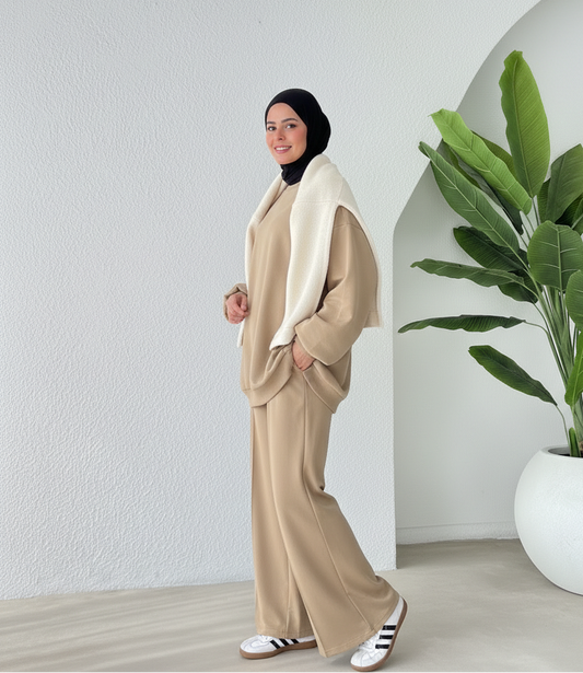 Hazal Hijab Trousers Coord | Modest Airport Tracksuit Set | Beige