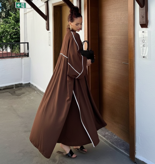 Rose 2 Piece Linen Abaya Set | Open Butterfly Abaya | Coffee