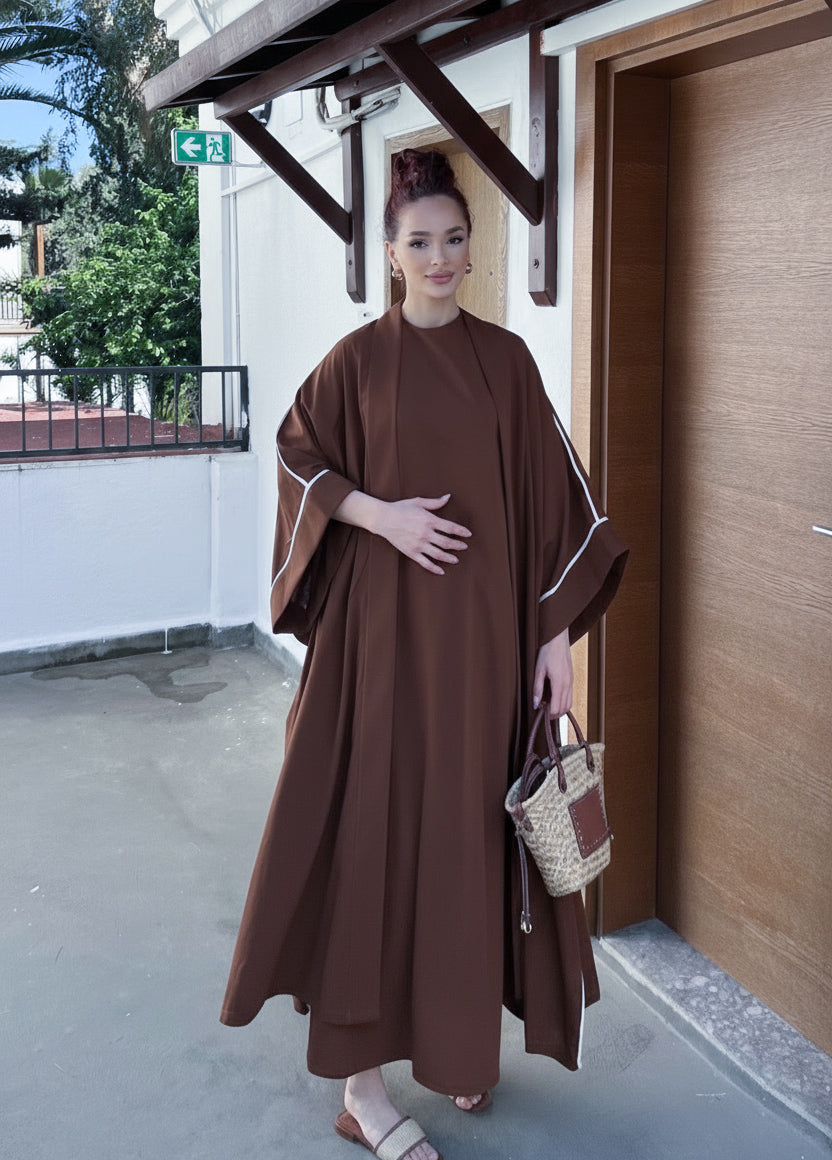 Rose 2 Piece Linen Abaya Set | Open Butterfly Abaya | Coffee