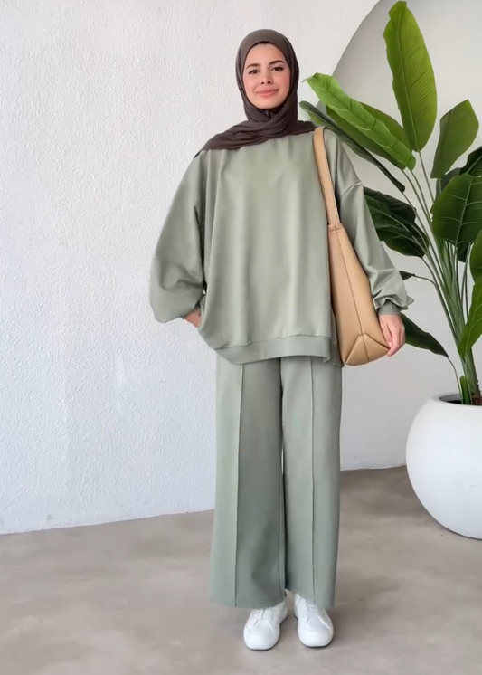 Hazal Hijab Trousers Coord | Modest Airport Tracksuit Set |Almond Latte