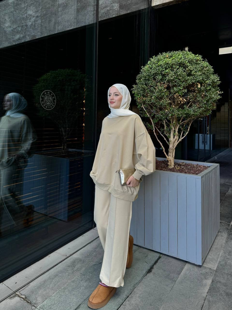 Hazal Hijab Trousers Coord | Modest Airport Tracksuit Set |Almond Latte