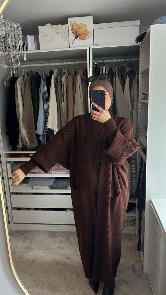 Talya Winter Abaya Knit Coord Set | Hijab cardigan dress set | Brownie
