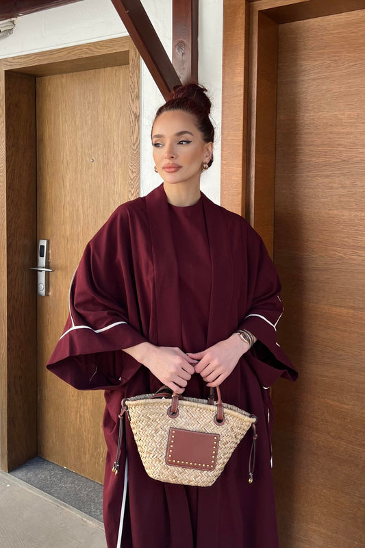 Rose 2 Piece Linen Abaya Set | Open Butterfly Abaya |Red Flower