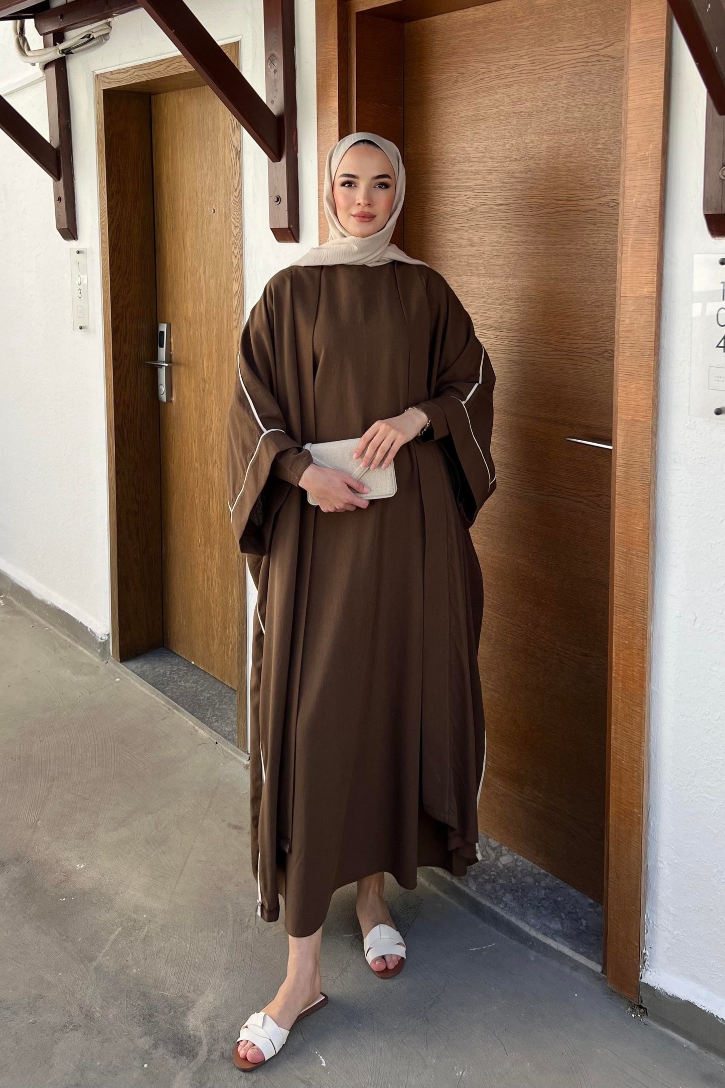 Rose 2 Piece Linen Abaya Set | Open Butterfly Abaya | Coffee