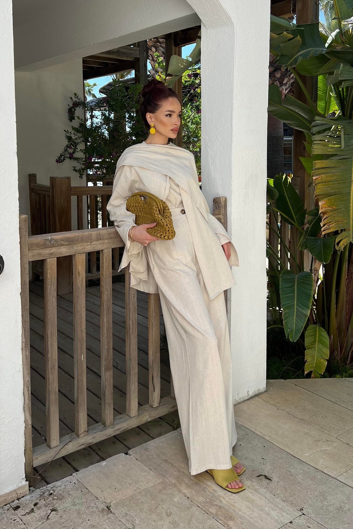 Flora Linen Modest Set with Draped Shawl | Hijab 2 Piece Set – Cream