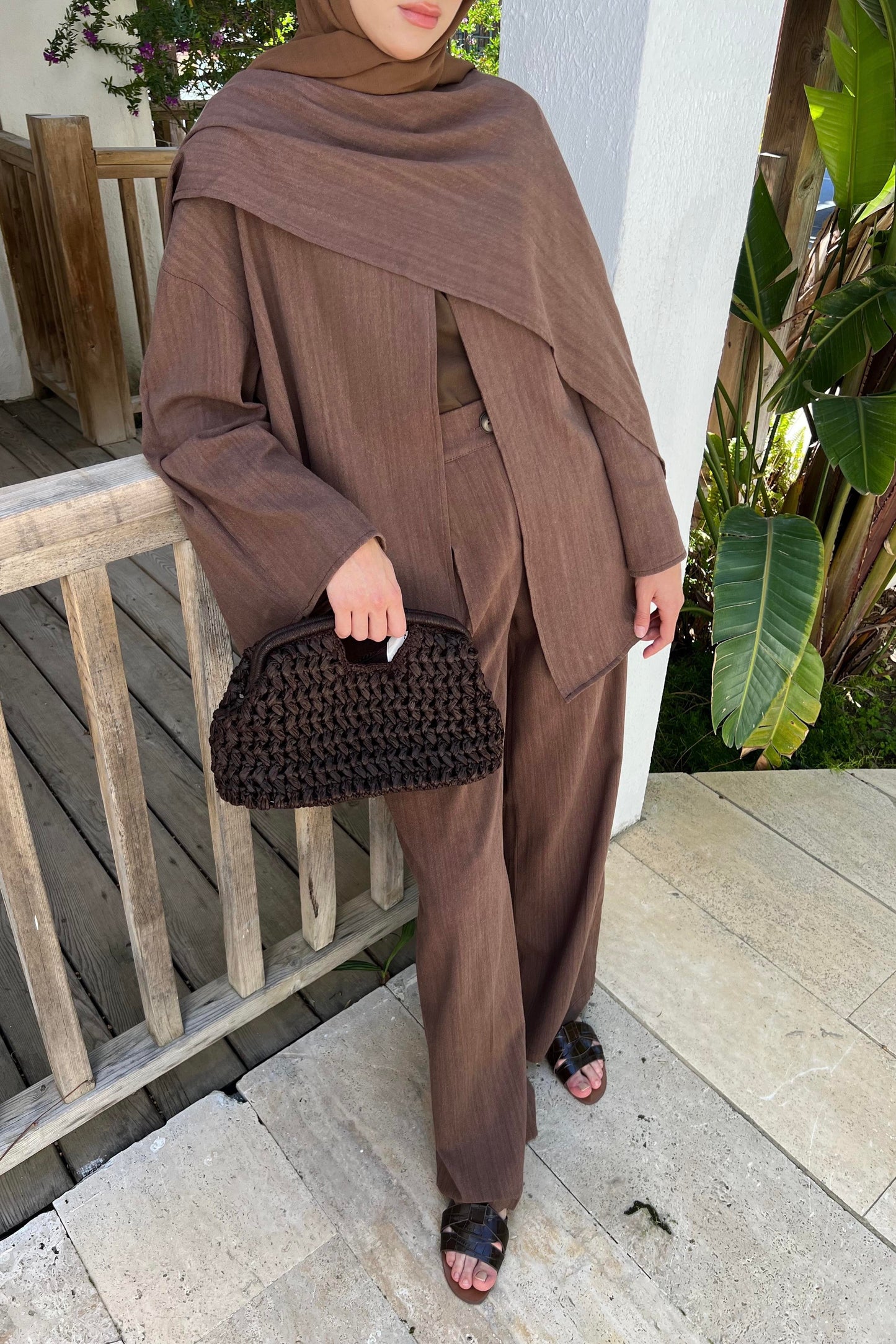 Flora Linen Modest Set with Draped Shawl | Hijab 2 Piece Set – Muted Brown