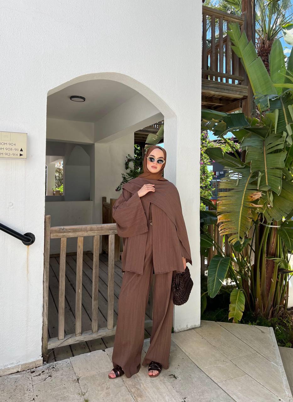 Flora Linen Modest Set with Draped Shawl | Hijab 2 Piece Set – Muted Brown