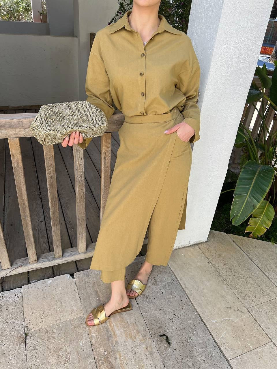 Daisy 3 Piece Linen Co-Ord Set – Shirt and Wrap Trousers | Muted Mustard