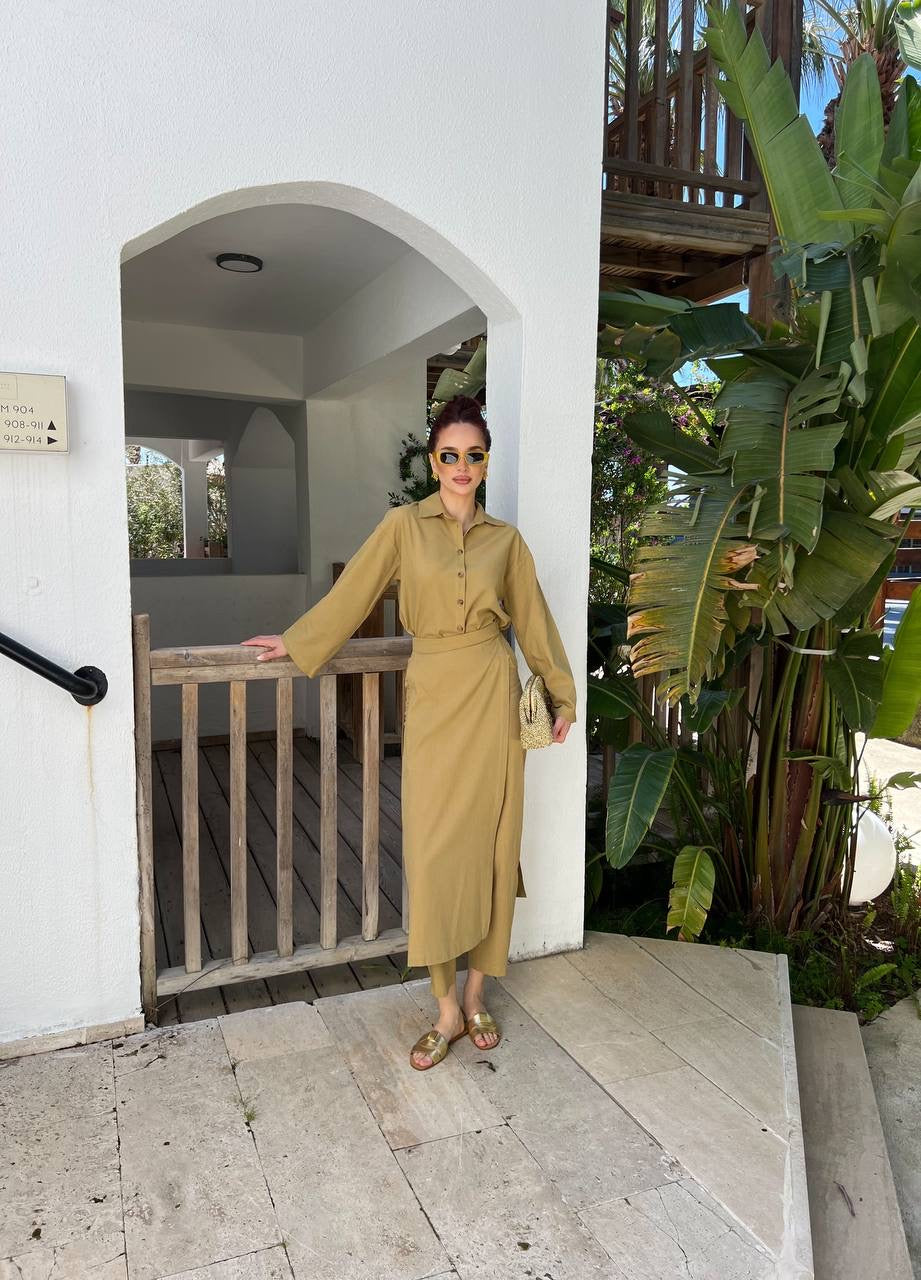 Daisy 3 Piece Linen Co-Ord Set – Shirt and Wrap Trousers | Muted Mustard