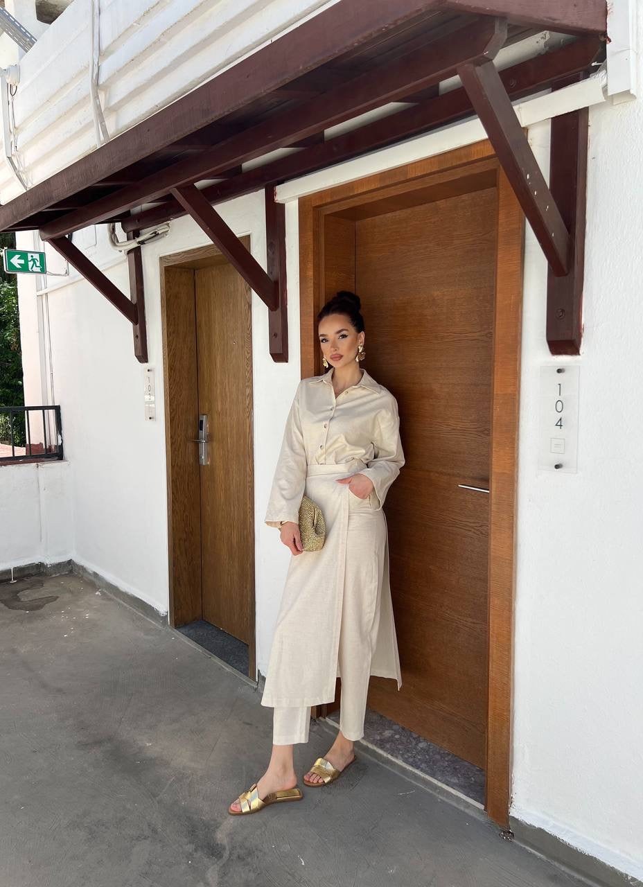 Daisy 3 Piece Linen Co-Ord Set – Shirt and Wrap Trousers | Cream