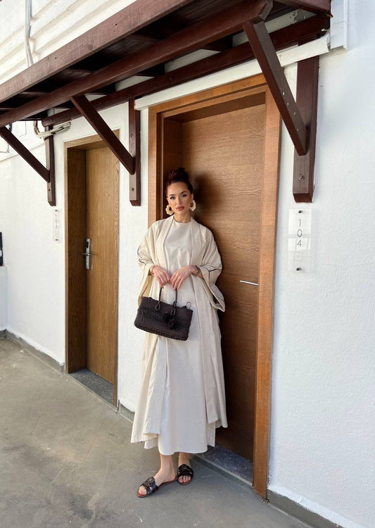 Rose 2 Piece Linen Abaya Set | Open Butterfly Abaya | White Tulip