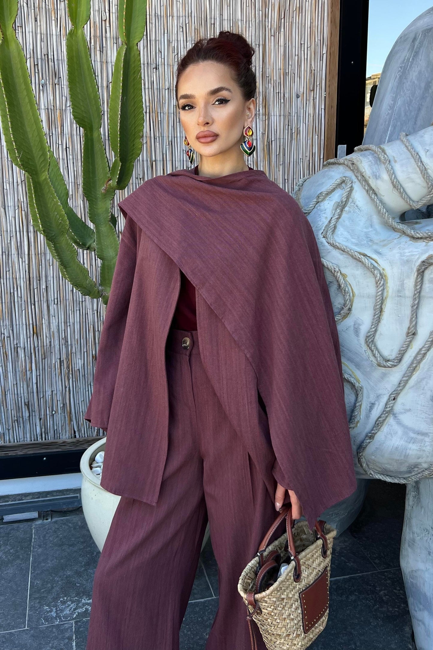Flora Linen Modest Set with Draped Shawl | Hijab 2 Piece Set – Deep Rosy Brown