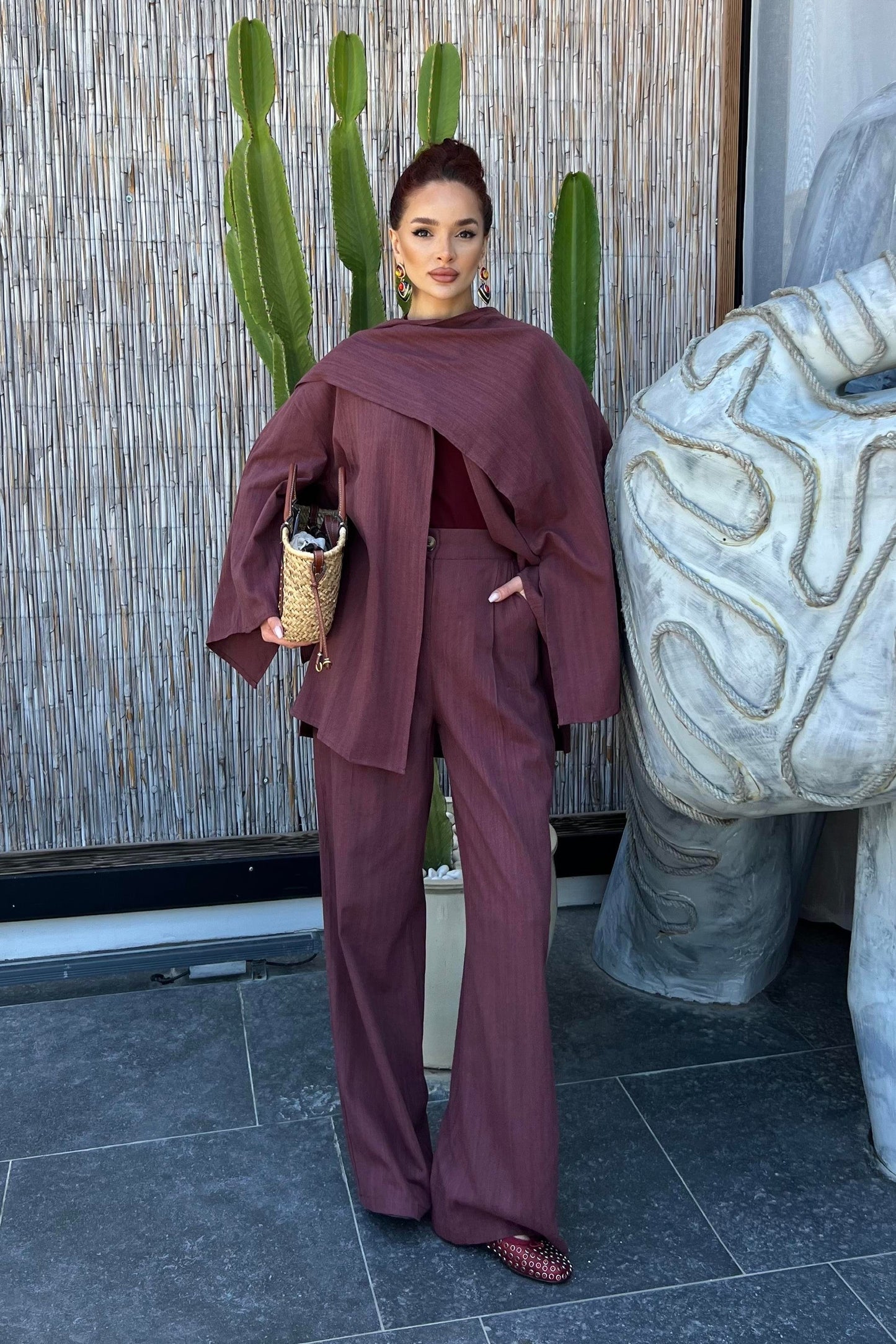 Flora Linen Modest Set with Draped Shawl | Hijab 2 Piece Set – Deep Rosy Brown