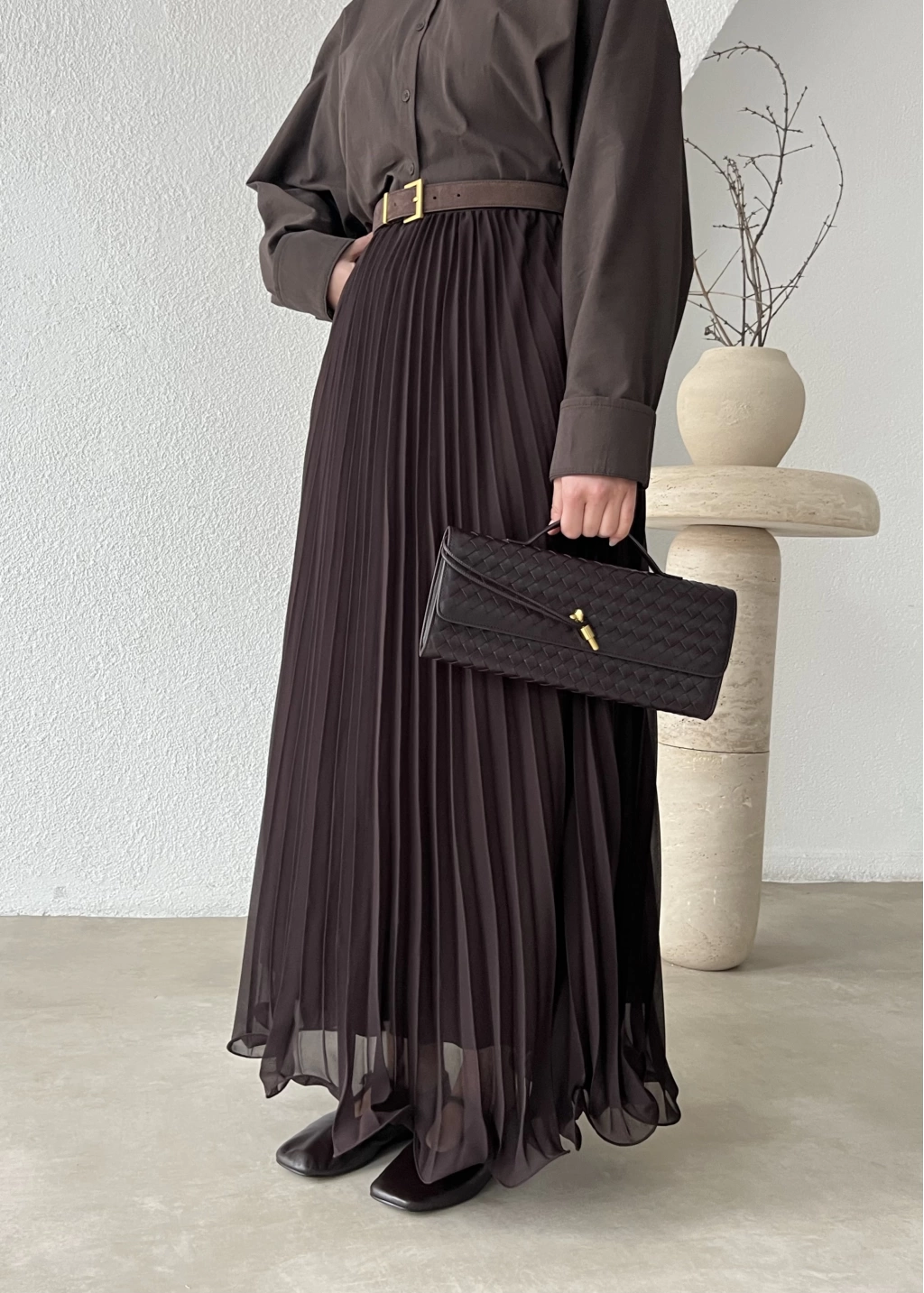 Pleated Maxi Skirt in Wavy Chiffon | Chocolate Brown
