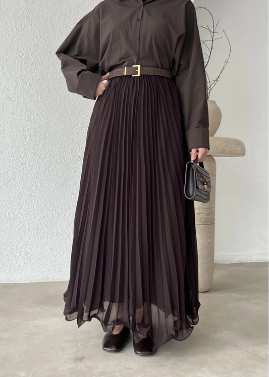Pleated Maxi Skirt in Wavy Chiffon | Chocolate Brown