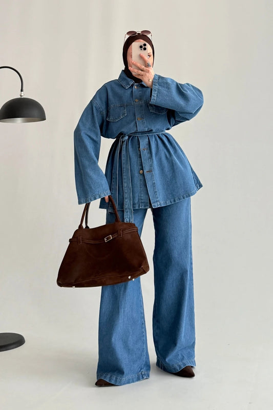 denim trouser set hijab
