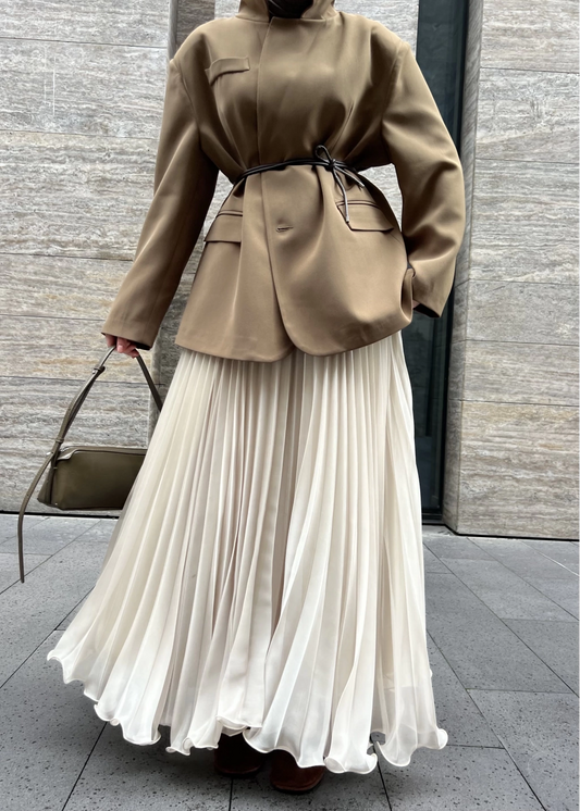 Pleated Maxi Skirt in Wavy Chiffon | white Ivory and Brown