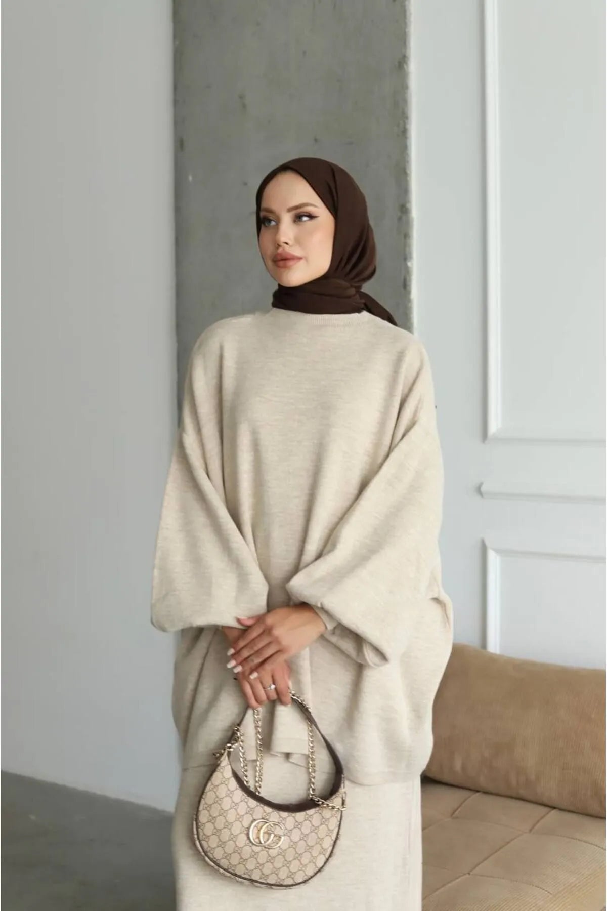 Hazal knitted modest two piece set women | Hijab winter skirt co ord |OAT