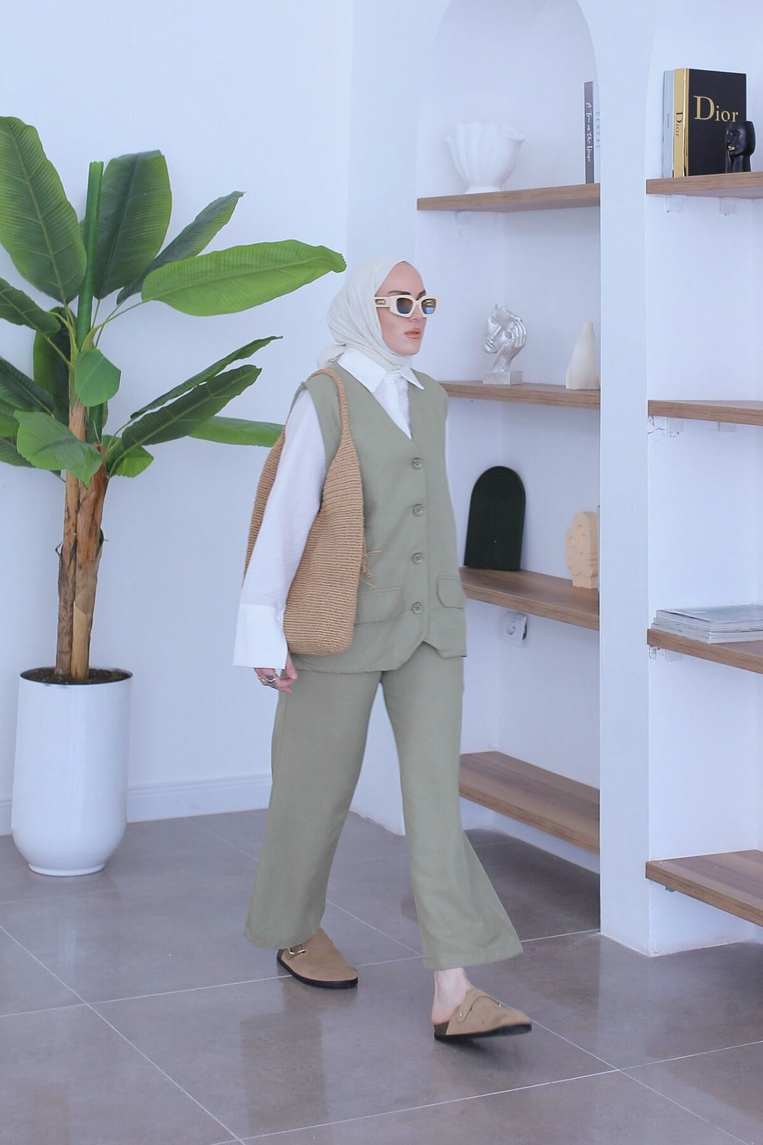 NARA MODEST WAISTCOAT TROUSERS SET | HIJAB WAISTCOAT TROUSER COORD | OAT MATCHA