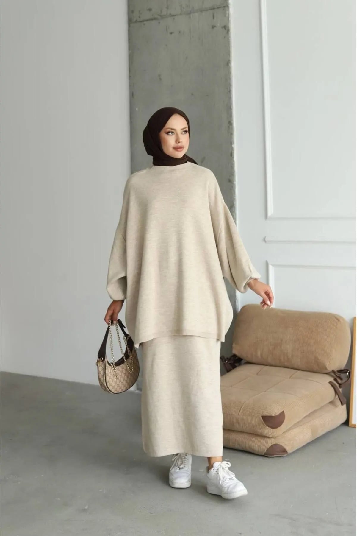 Hazal knitted modest two piece set women Hijab winter skirt co ord HIYA LONDON