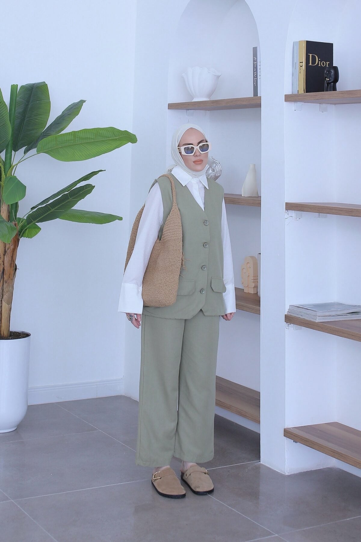 NARA MODEST WAISTCOAT TROUSERS SET | HIJAB WAISTCOAT TROUSER COORD | OAT MATCHA