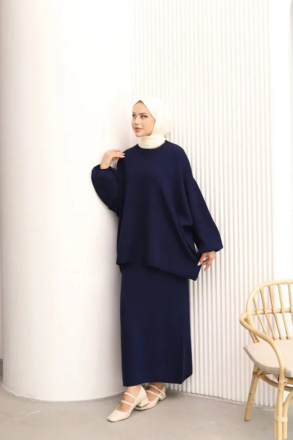 Hazal modest two piece set women | Hijab winter skirt co ord | Navy blue