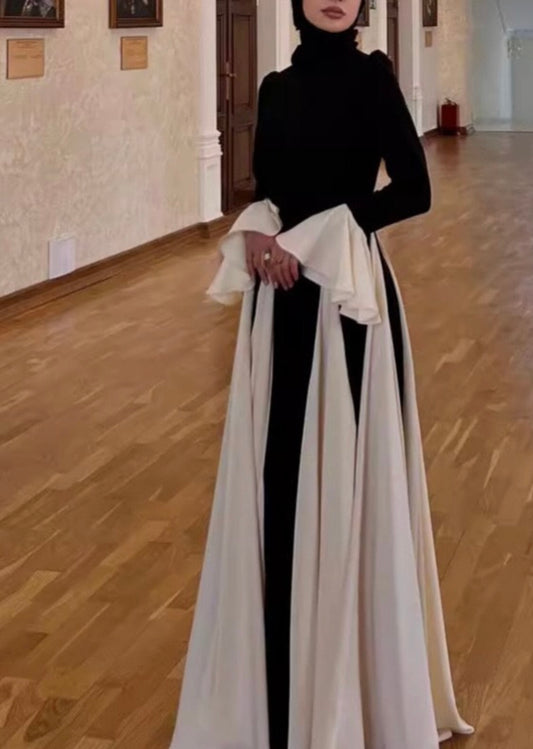Hijab Two-Tone Maxi Dress – Black & White Pleated Dress - Tall Girl Friendly | Aura