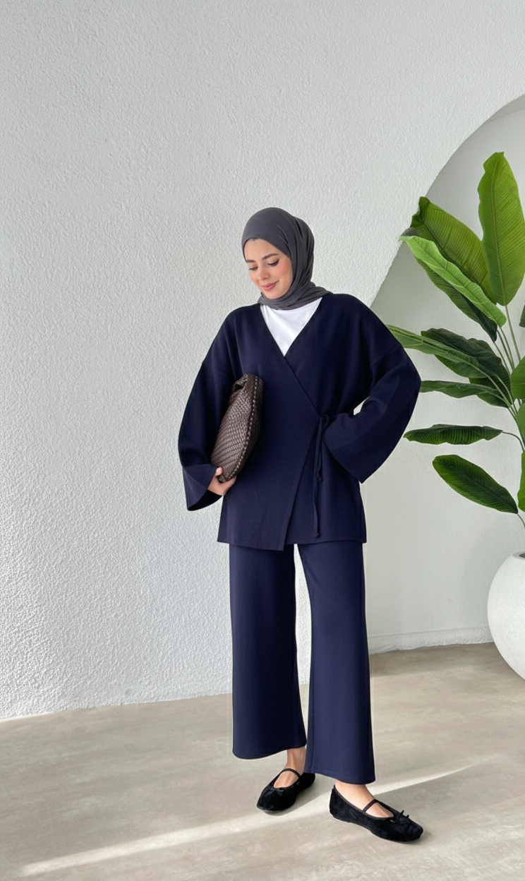 knit Kimono Co-ord Set Hijab – Jana |Navy blue