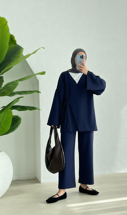 knit Kimono Co-ord Set Hijab – Jana |Navy blue