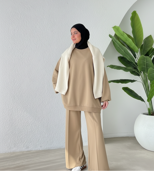 Hazal Hijab Trousers Coord | Modest Airport Tracksuit Set | Beige