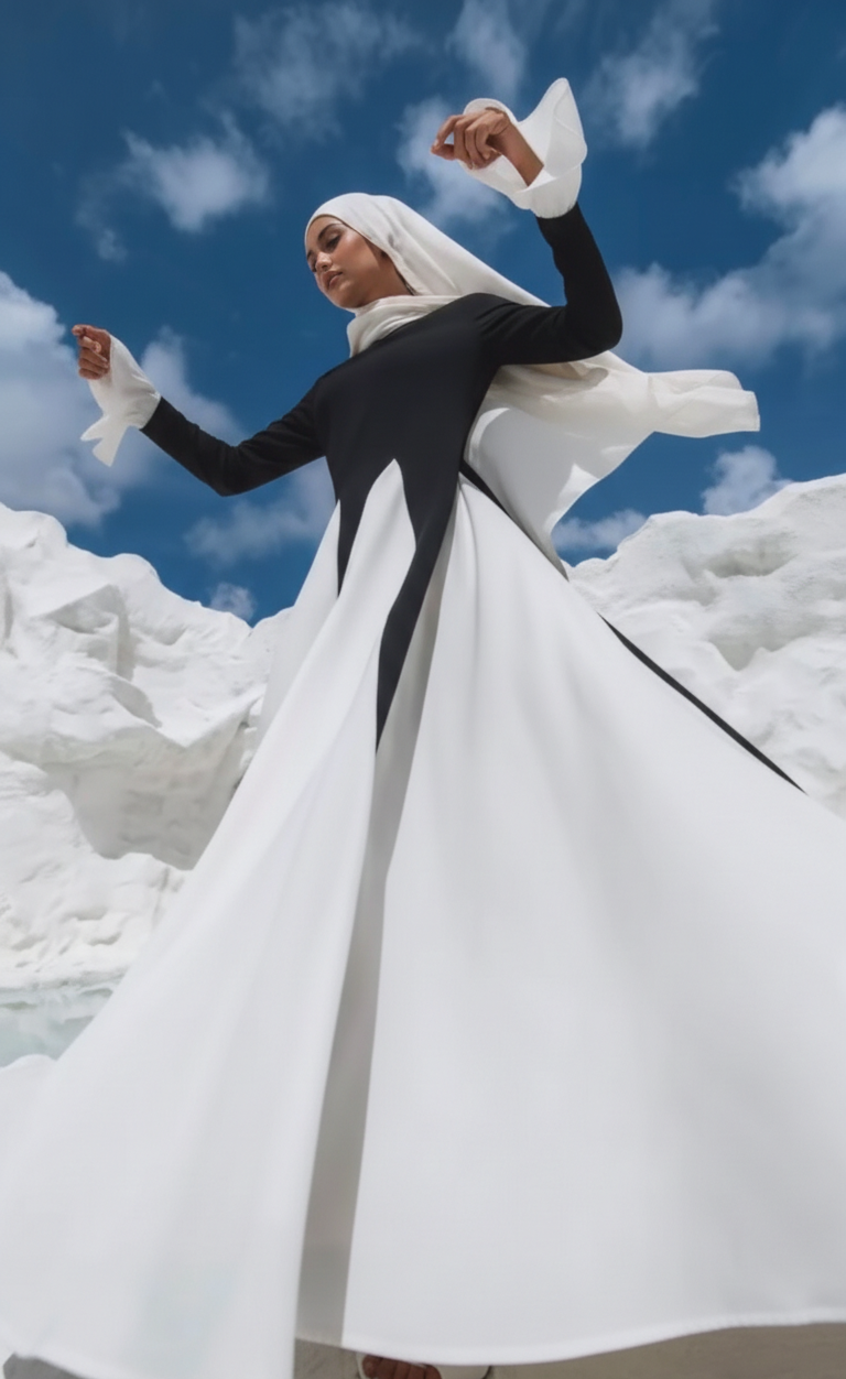 Hijab Two-Tone Maxi Dress – Black & White Pleated Dress - Tall Girl Friendly | Aura