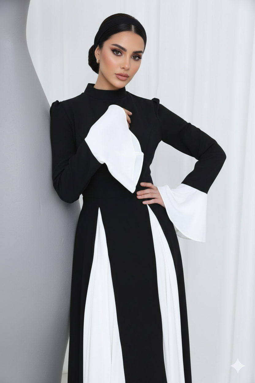Hijab Two-Tone Maxi Dress – Black & White Pleated Dress - Tall Girl Friendly | Aura