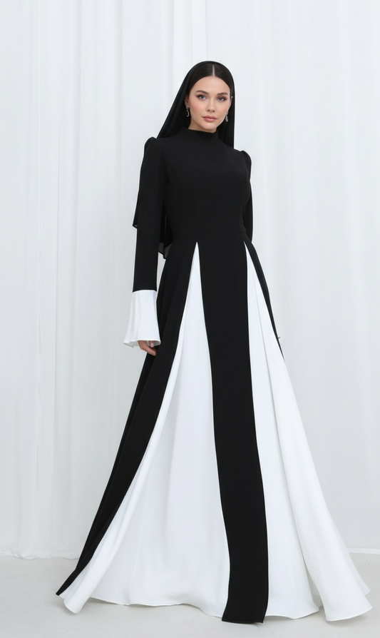 Hijab Two-Tone Maxi Dress – Black & White Pleated Dress - Tall Girl Friendly | Aura