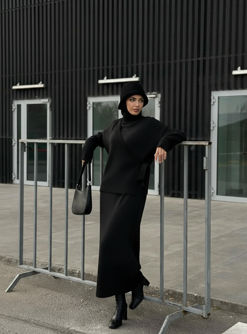 Handa Maxi Knit Dress with Vest | Black