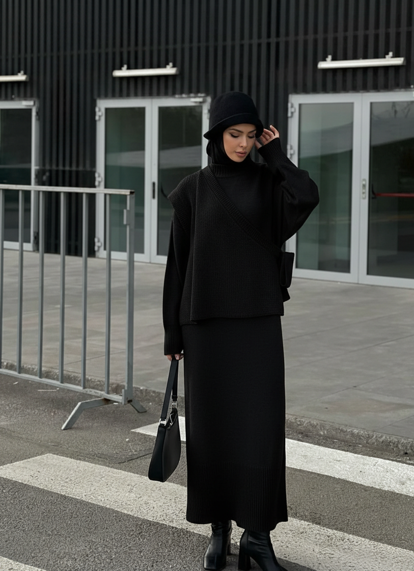 Handa Maxi Knit Dress with Vest | Black