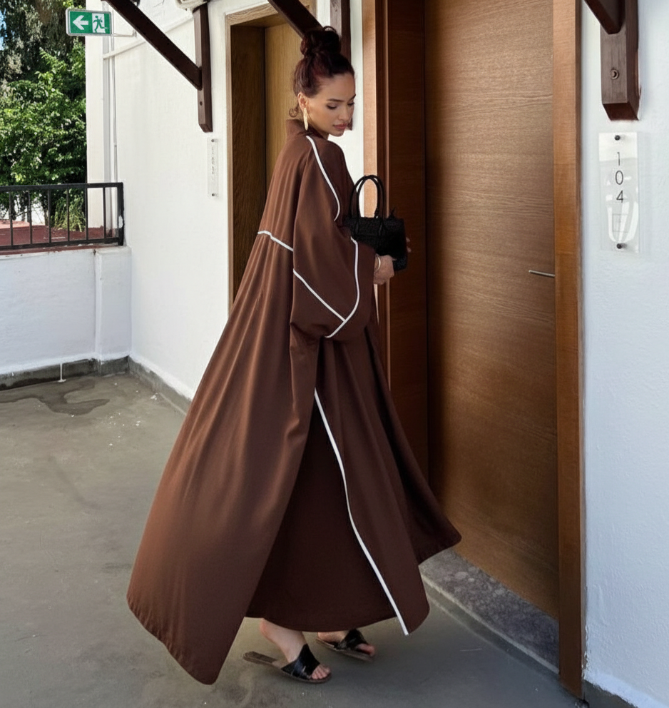 Rose 2 Piece Linen Abaya Set | Open Butterfly Abaya | Coffee