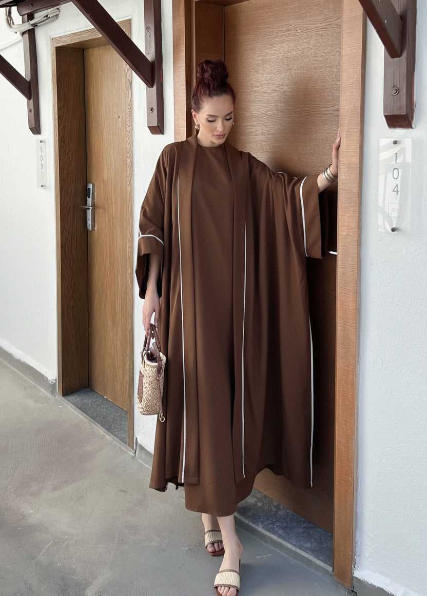 Rose 2 Piece Linen Abaya Set | Open Butterfly Abaya | Coffee