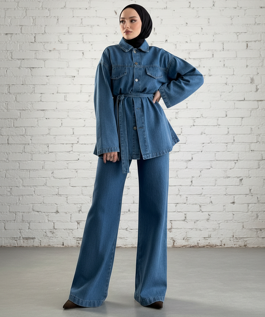 Layla Premium Oversize Denim Set - Chic Modest Co-Ord | Light Denim