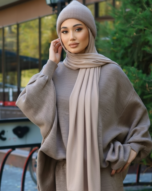 Hazal knitted modest two piece set women | Hijab winter skirt co ord | Hojicha