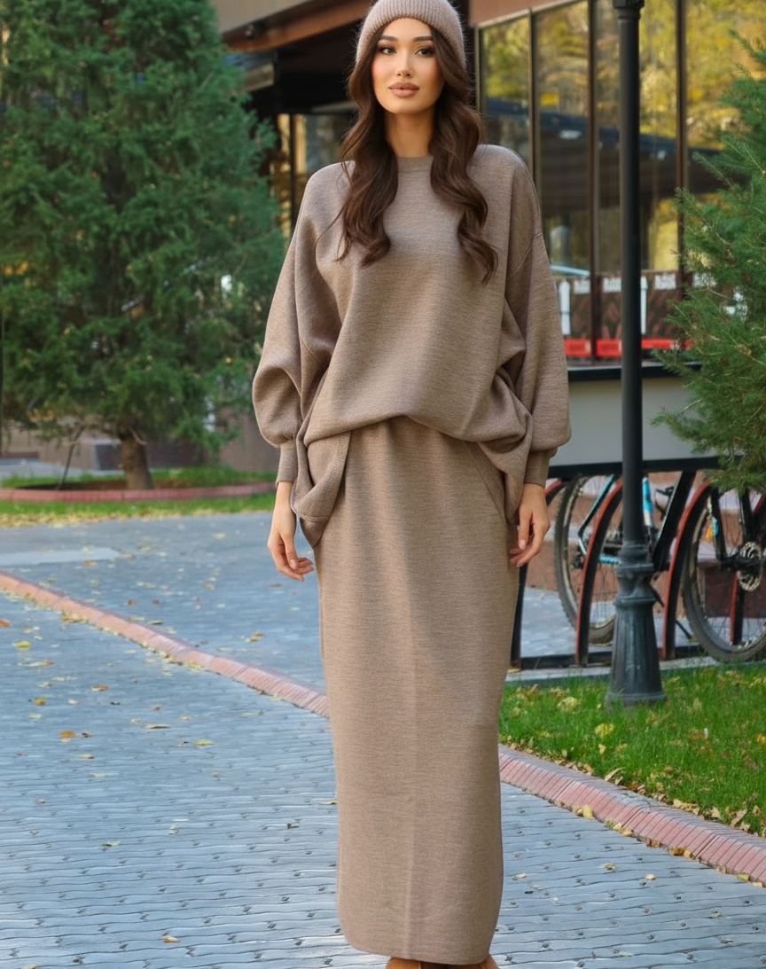 Hazal knitted modest two piece set women | Hijab winter skirt co ord | Hojicha