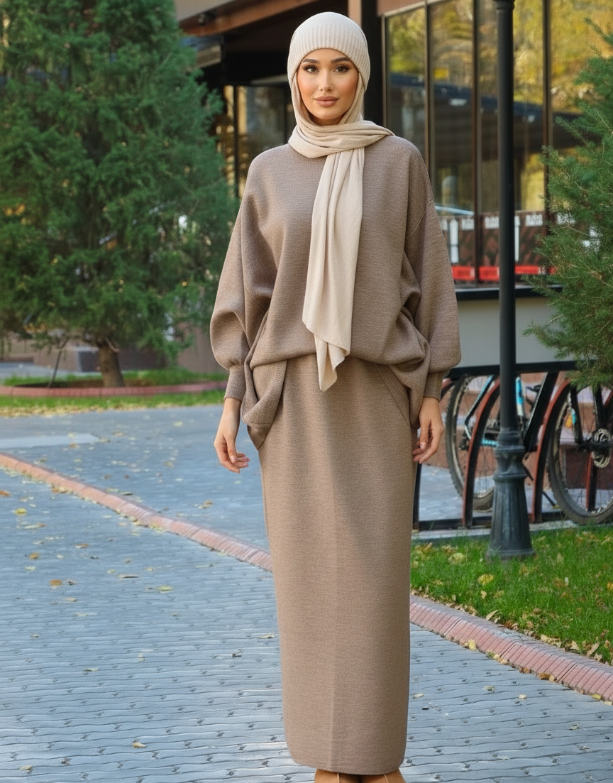 Hazal knitted modest two piece set women | Hijab winter skirt co ord | Hojicha