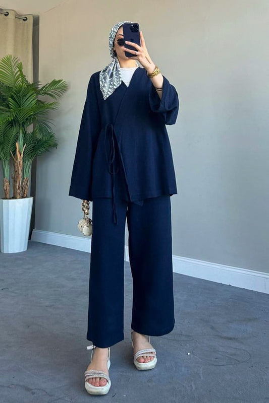 ZAY MODEST LINEN KIMONO COORD | HIJAB KIMONO COORD | DARK BLUE