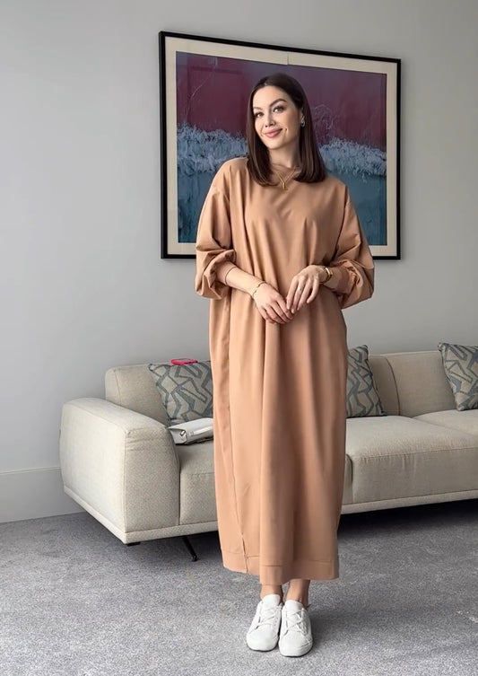 HAZAL OVERSIZED SWEAT DRESS | CASUAL ABAYA DRESS | CARAMEL