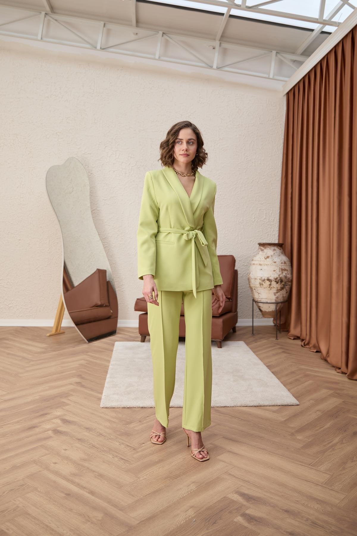 PASTEL BLAZER SUIT SET, TROUSERS CO-ORD | PISTACHIO CREAM