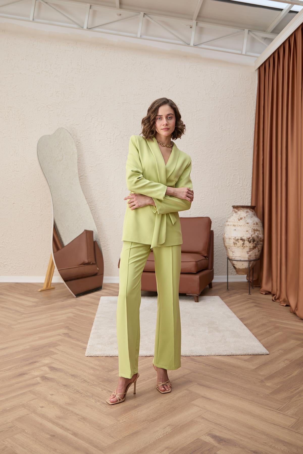 PASTEL BLAZER SUIT SET, TROUSERS CO-ORD | PISTACHIO CREAM