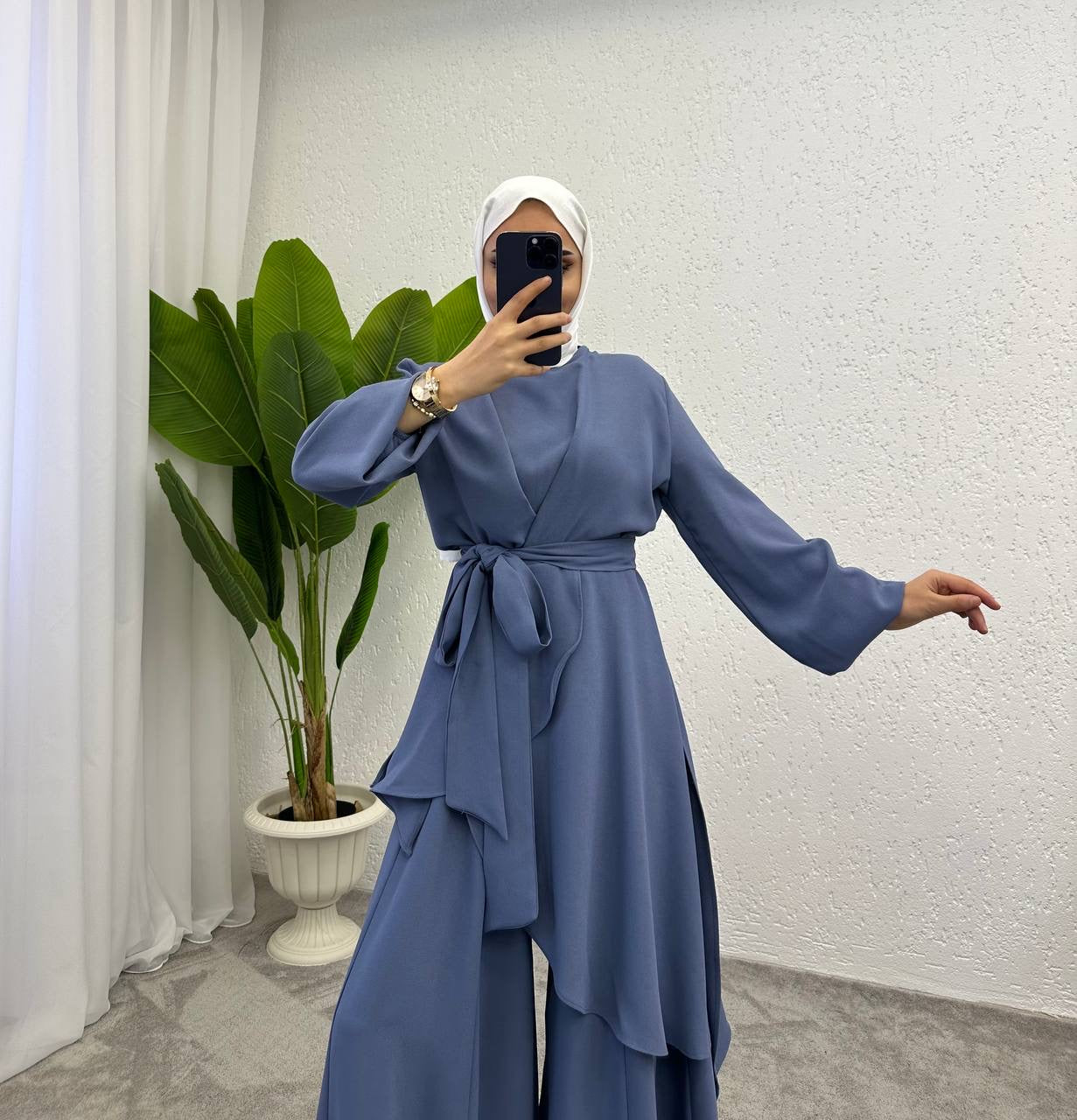 SAFAD PLEATED WIDE TROUSERS CO-ORD SET| MIST BLUE