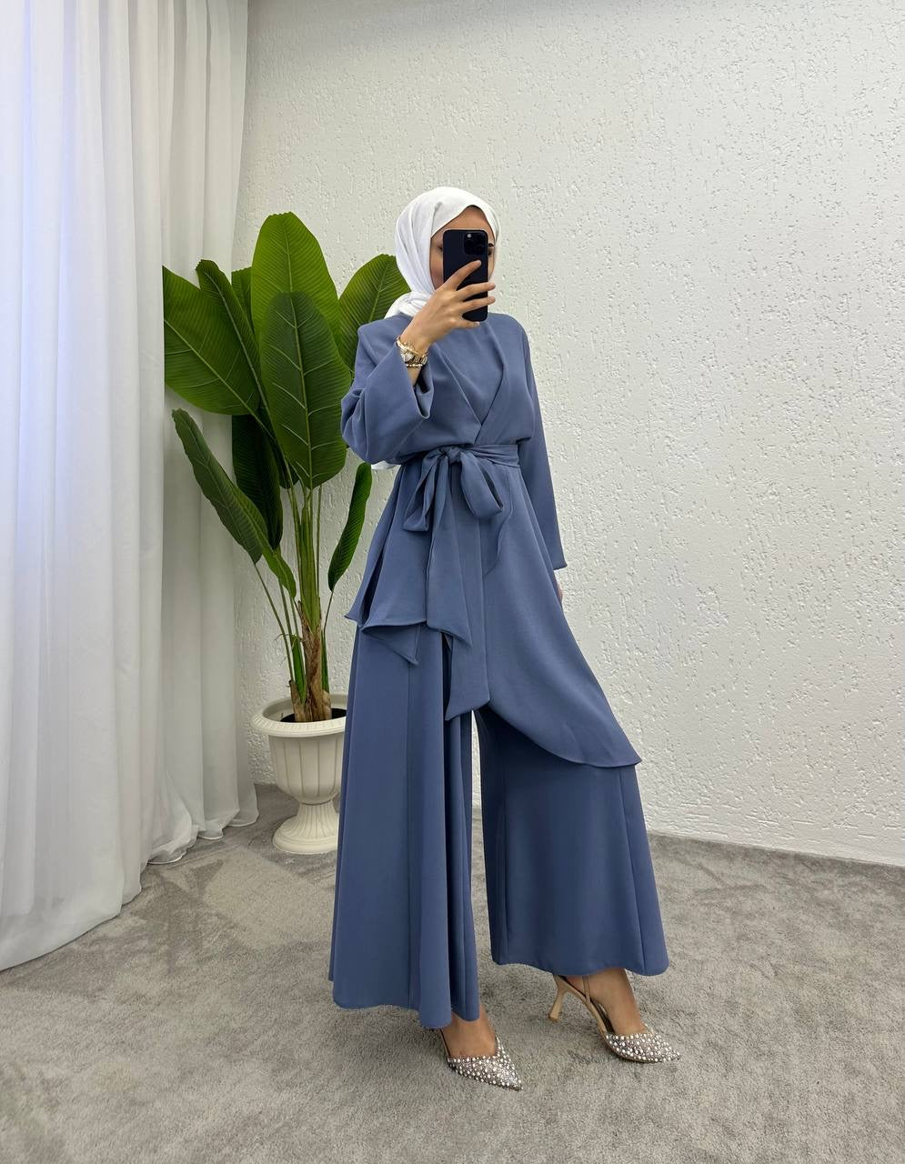 SAFAD PLEATED WIDE TROUSERS CO-ORD SET| MIST BLUE